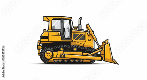 A yellow bulldozer with a large blade sits on a white background