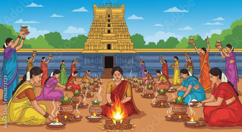 Women in traditional indian attire performing puja ceremony with temple in background under blue sky