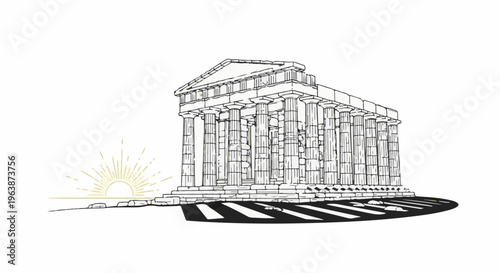 Ancient Greek temple with sunburst emerging from horizon