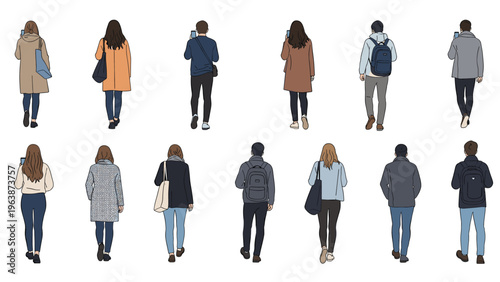 View from behind of a diverse group of men and women walking in various directions wearing casual and business attire on white.