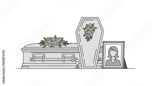 Somber line drawing illustration of a funeral scene featuring a coffin flowers an upright casket and a framed portrait of a woman.