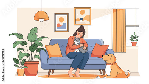 Young woman sitting on a comfortable sofa in her living room cuddling her cat while her dog sits nearby in a cozy home setting.