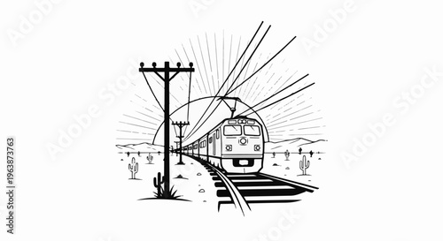 A train travels through a desert landscape with cacti and utility poles