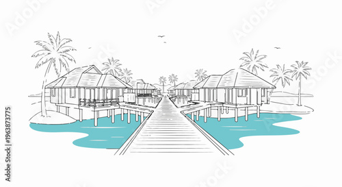 A tranquil tropical resort with overwater bungalows and palm trees