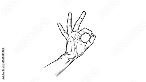 Hand drawn ink sketch of a human hand making the okay sign with fingers forming a circle as a symbol of agreement and excellence.