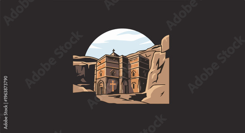 Ancient rock-hewn structure with cross, nestled amidst mountainous terrain