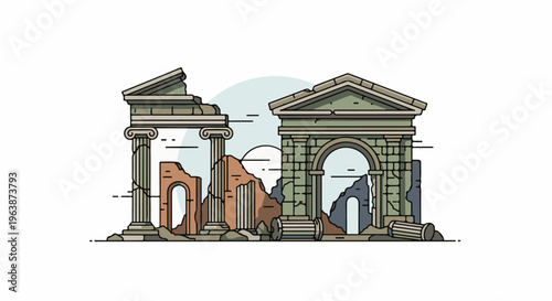 Ancient ruins of a classical structure with broken columns and arches