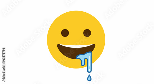 A yellow smiley face with a wide grin, dripping with anticipation