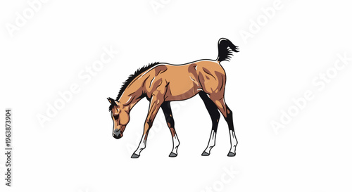 A young horse with a brown coat and black mane grazes with its head down