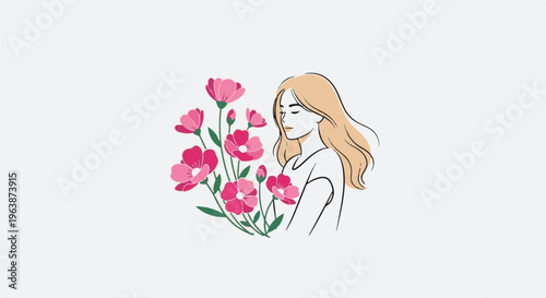 A young woman with blond hair inhales the scent of pink flowers in this stylized illustration