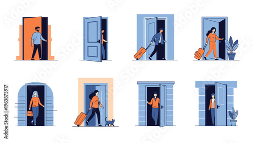 Collection of people in various outfits walking through open doorways with some carrying suitcases or heavy travel luggage.