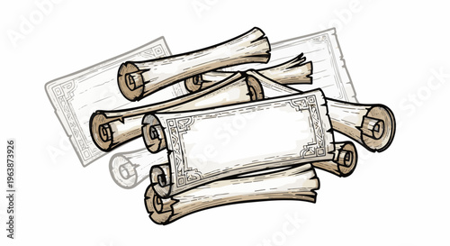 A pile of aged scrolls with ornate borders, some blank