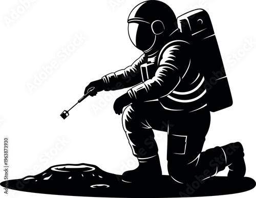 Astronaut Kneeling Down Collecting Moon Soil Sample Illustration