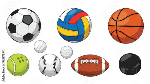 Diverse set of sports equipment including balls for soccer basketball baseball tennis and golf along with a hockey puck.