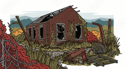Abandoned brick building with broken windows, overgrown vegetation, and old farm equipment
