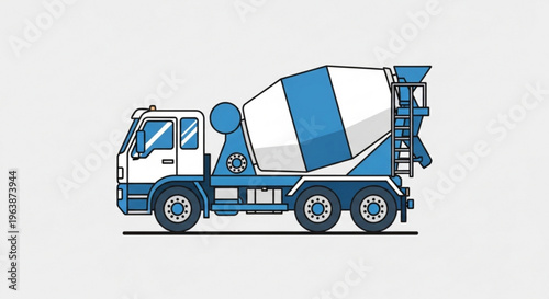 Blue and white concrete mixer truck flat vector illustration for construction industry isolated on light gray background