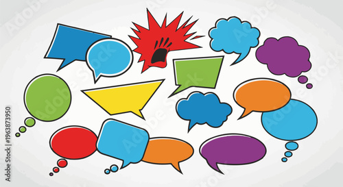 A variety of colorful, cartoonish speech and thought bubbles