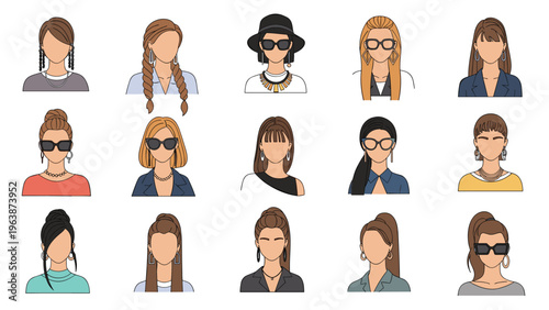 Extensive collection of modern female characters featuring different hairstyles accessories glasses and stylish clothing.