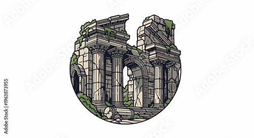 Ancient stone ruins with columns, arches, and overgrown vegetation