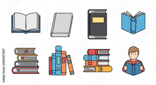 Collection of book icons representing reading and education perfect for digital interfaces and learning materials flat vector illustration