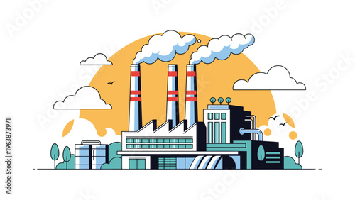 Modern industrial factory building with tall smoking chimneys and storage tanks set against a glowing yellow sunset sky.