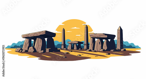 Ancient stone structures bathed in the warm glow of a setting sun