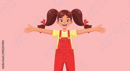 Happy cartoon girl with pigtails and red overalls arms outstretched for a hug isolated on a pink background illustration for childrens concepts