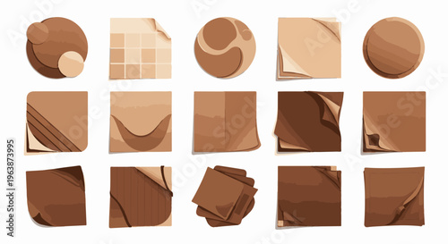 A variety of stylized brown paper textures and shapes