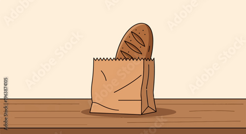 A loaf of bread peeks out from a brown paper grocery bag