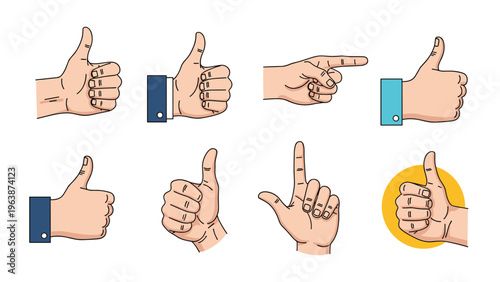 Set of human hand gestures showing thumbs up approval pointing fingers and success icons in various professional styles.