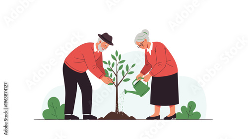 Happy elderly couple working together to plant and water a young green tree in a garden setting with care and dedication.