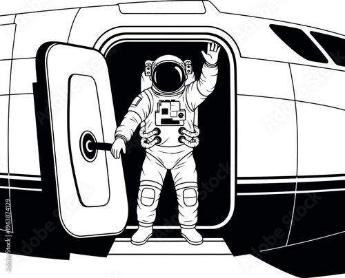 Astronaut Waving Goodbye From Spacecraft Airlock Door