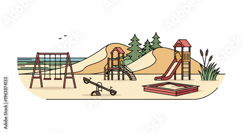 A vibrant cartoon-style beach playground with swings, slide, and sandbox