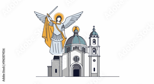 Angel hovers over ornate church with bell towers and domes