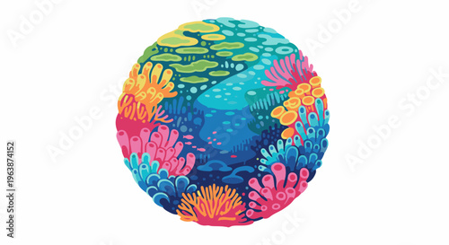 A vibrant, circular coral reef teeming with diverse, colorful marine life