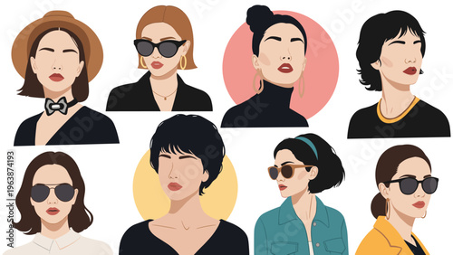 Collection of chic female avatars wearing stylish accessories like hats sunglasses and jewelry in a flat modern design.