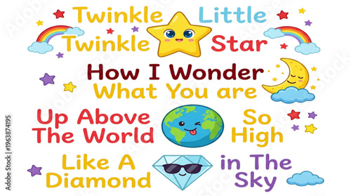 Cute Twinkle Twinkle Little Star Nursery Rhyme Illustration for Kids Education Baby Shower and Children's Decor