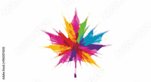 Abstract, colorful exploding maple leaf with a white background
