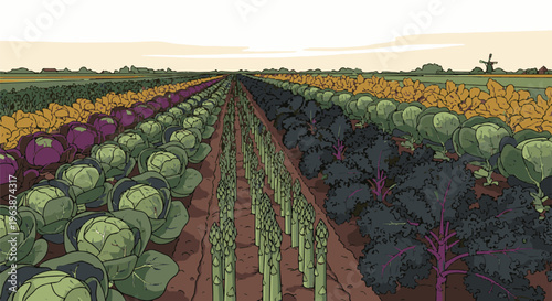 A vibrant, pixelated farm field displays rows of diverse vegetables under a pale sky
