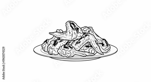 A pile of cooked chicken wings is presented on a simple plate in a black and white illustration