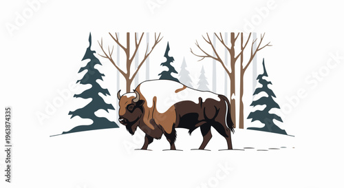A lone bison walks through a snowy winter forest with bare trees