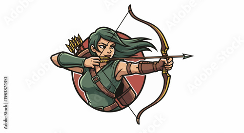 Animated female archer in green tunic, aiming a bow with an arrow