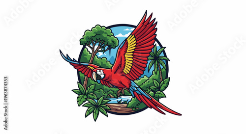 A vibrant scarlet macaw soars through a lush jungle scene with a stream