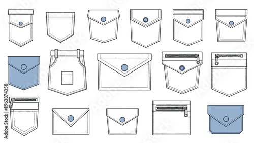 Technical sketches of various garment pocket styles including flap patch zip and button designs for fashion designers.