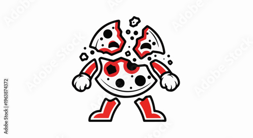 Animated pepperoni pizza character with a fragmented body and red accents