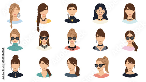 Diverse array of female icons representing different hairstyles fashion choices glasses and accessories in flat style.