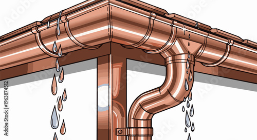 A close-up illustration of copper gutters with water dripping down