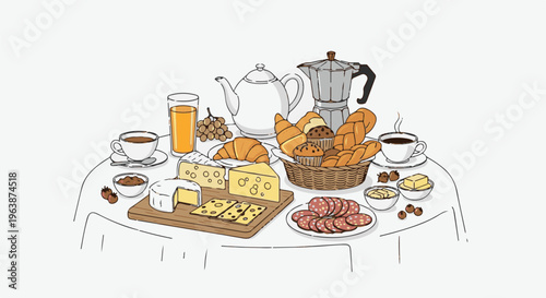 Abundant breakfast spread with coffee, pastries, cheese, and cured meats