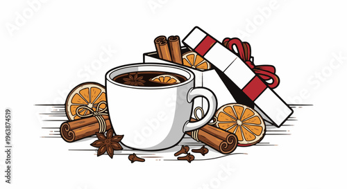 A warm drink in a mug, garnished with spices and citrus, sits next to a gift box