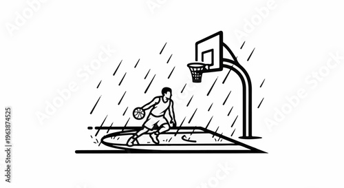 A lone figure dribbles a basketball on a court during a rainstorm